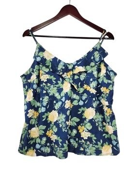 Old Navy Navy Floral Ruffle Cami XL Yellow Blooms Linen Blend Faux Wrap Spring
